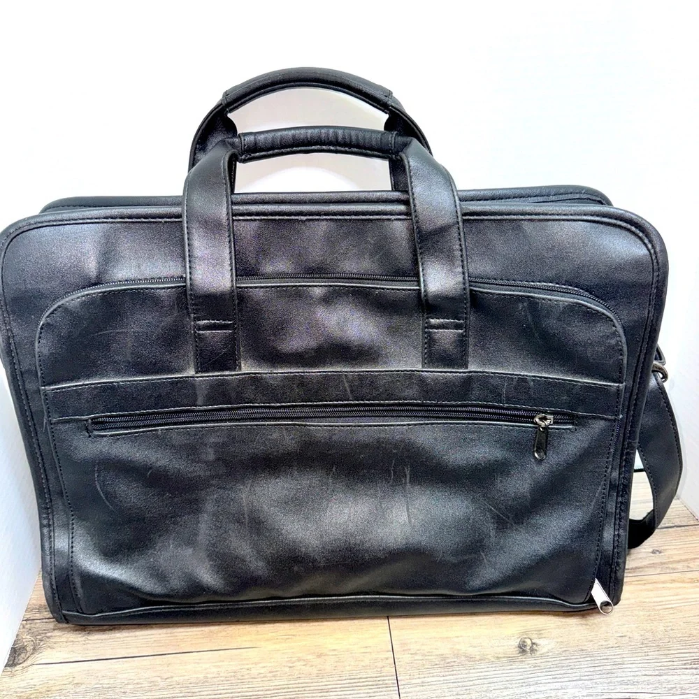 Men's Black Leather Laptop Briefcase with Multiple Pockets and Zippers